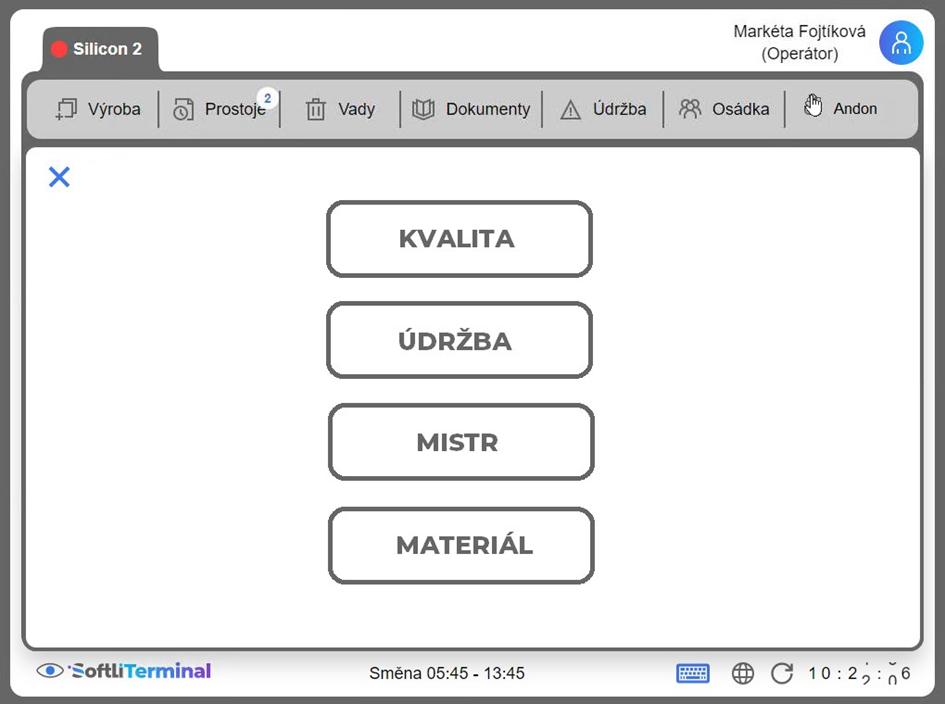 Ovládací panel v MES SoftLi, ze kterého může operátor stisknutím jednoho tlačítka přivolat pomoc. Na displeji je možnost zavolat kvalitáře, údržbáře, mistra a zásobovače.