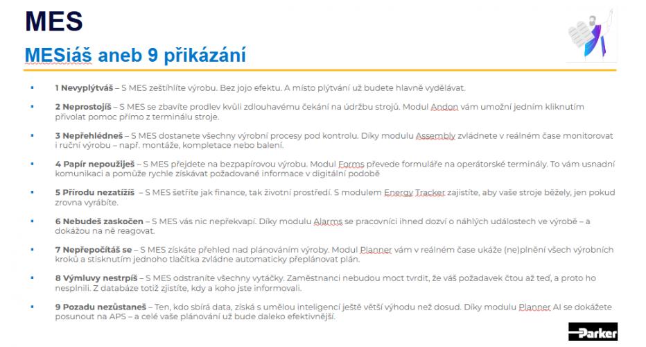 Slide z prezentace firmy Parker pojednávající o implementování devatera přikázání pro efektivní výrobu